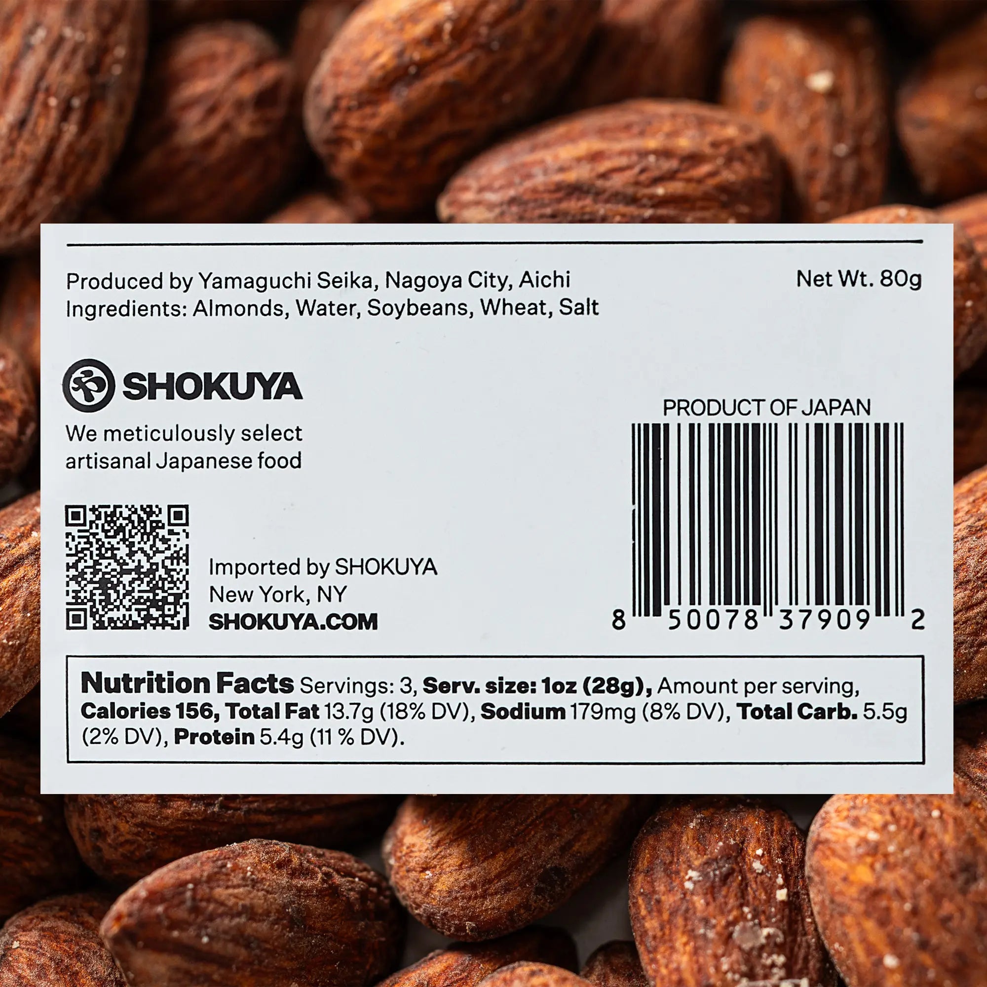 Shokuya product label with almonds in the background