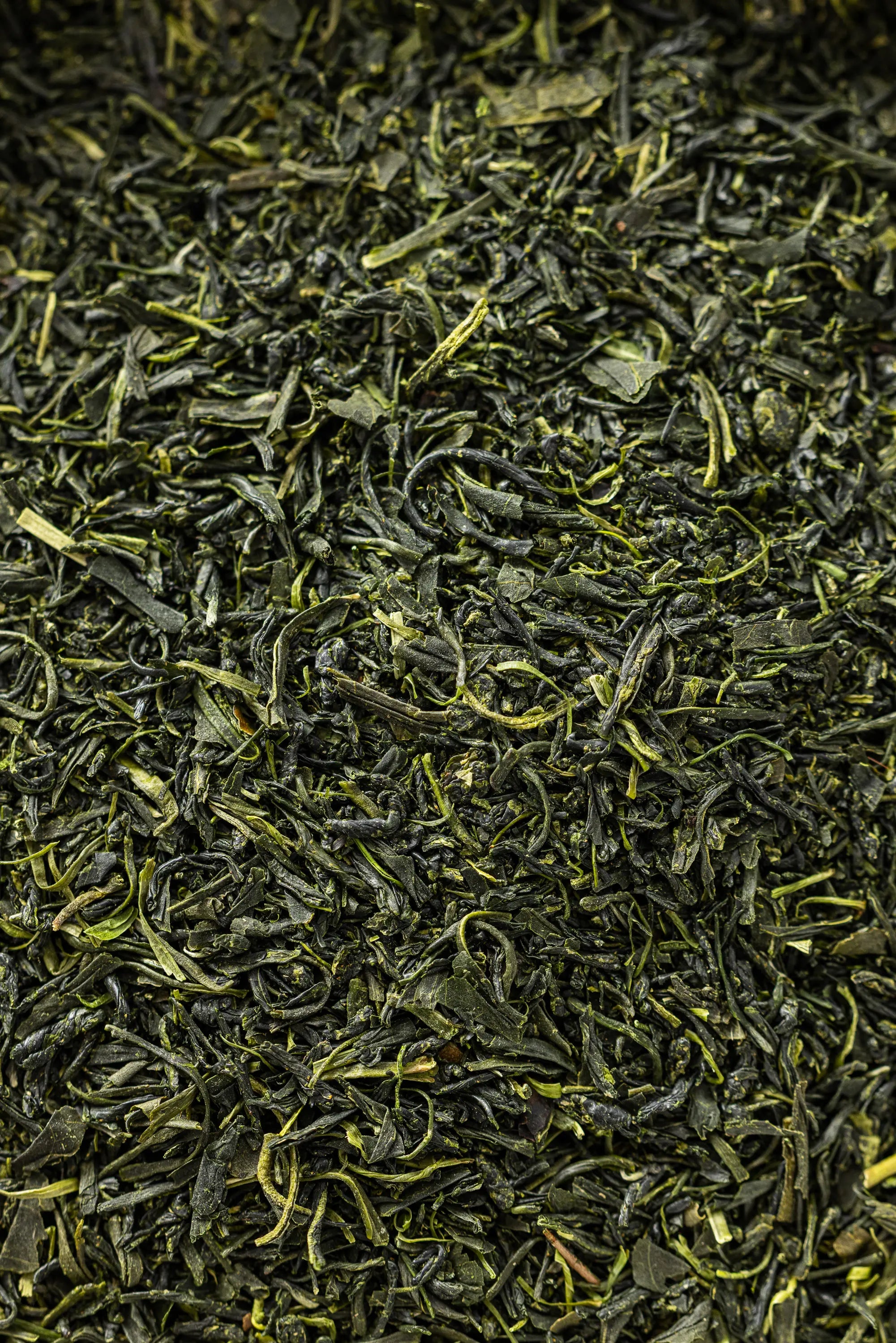 Close-up of green Oyama Seicha Yabukita Sencha tea leaves