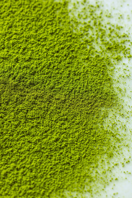 Close-up of Honyama matcha powder on a white surface