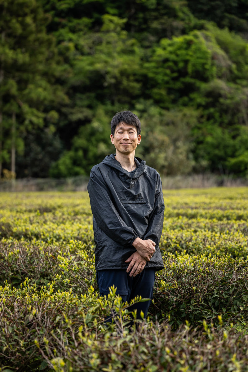 Man standing in a field of tea plants with greenery in the background