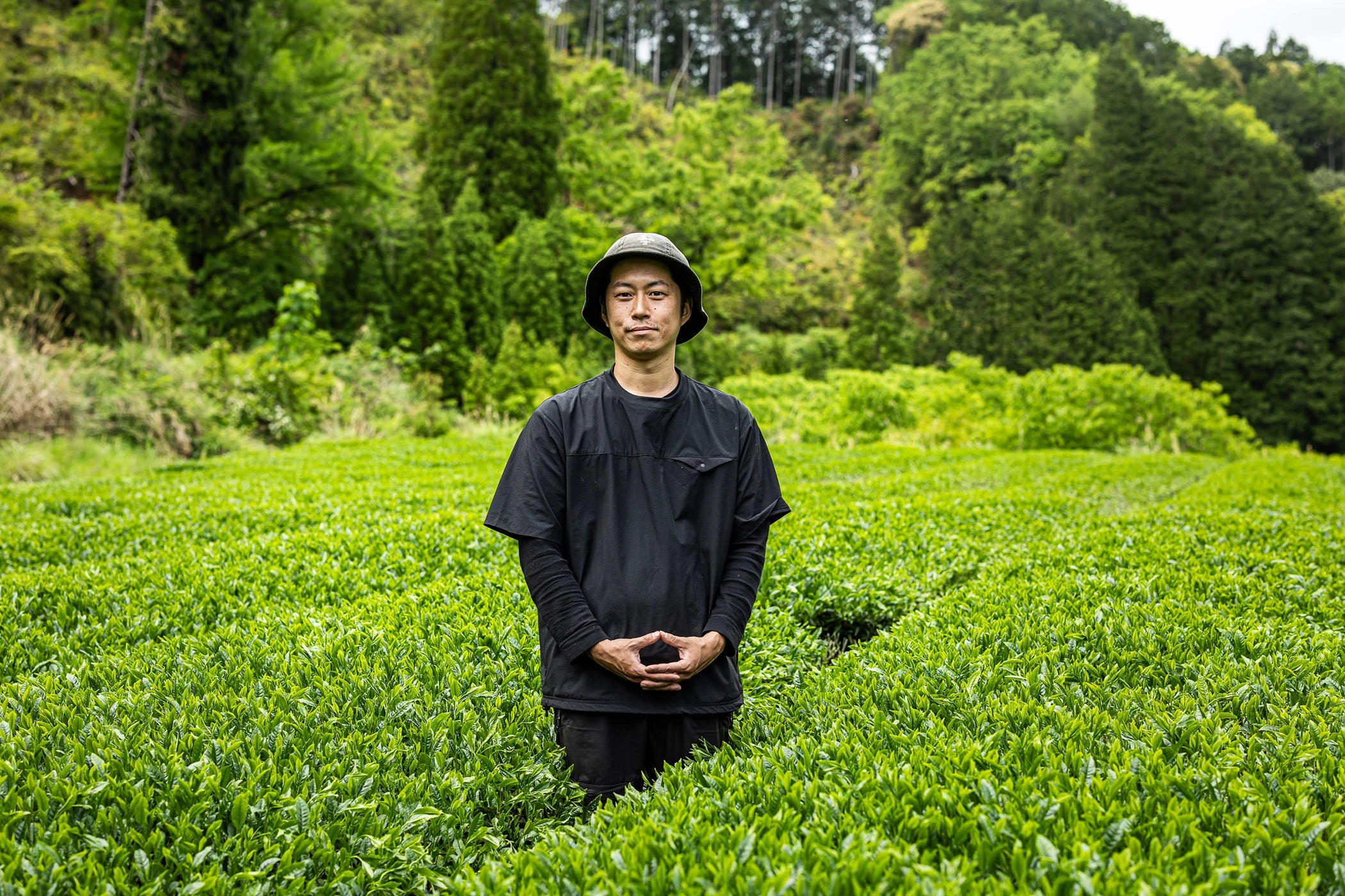 Person (Oyama-San) standing in a lush green tea field with trees in the background.